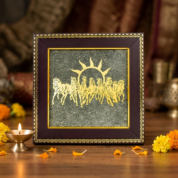 7 Horses Raw Pyrite Frame – Wealth & Success Vastu Decor